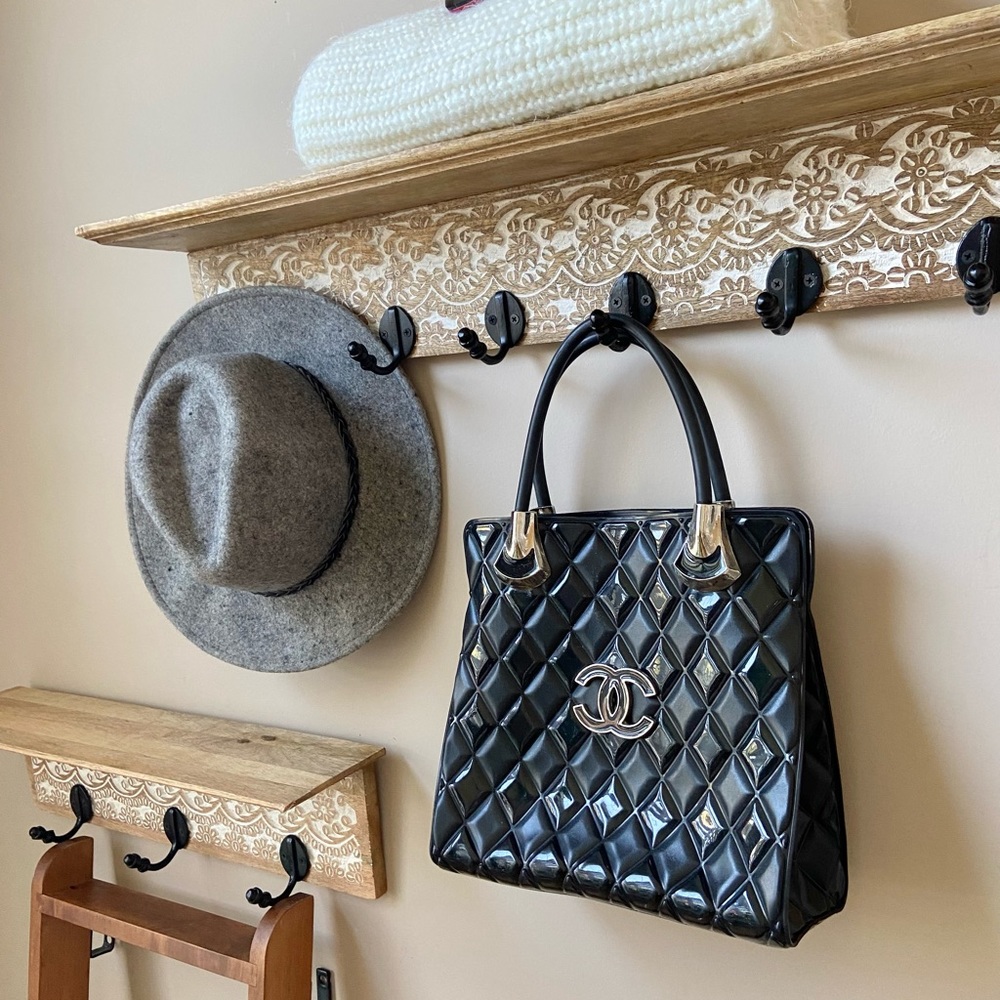 Vintage Black Quilted Patent Leather Tote with Gold Hardware